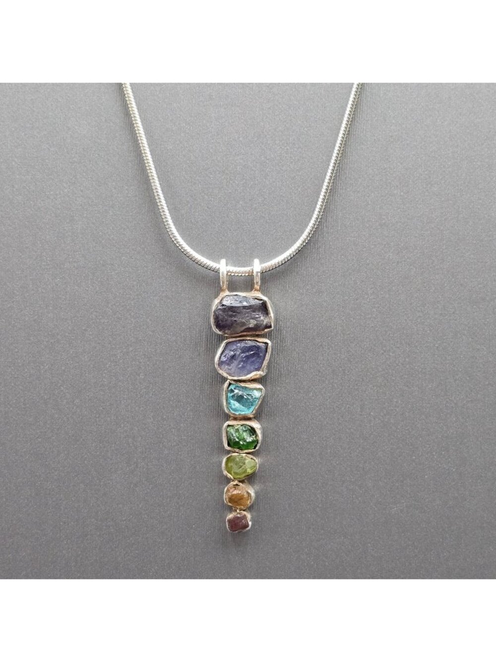 Vintage Sterling Silver 7 Chakra Raw Stone Pendant Necklace Amethyst Garnet